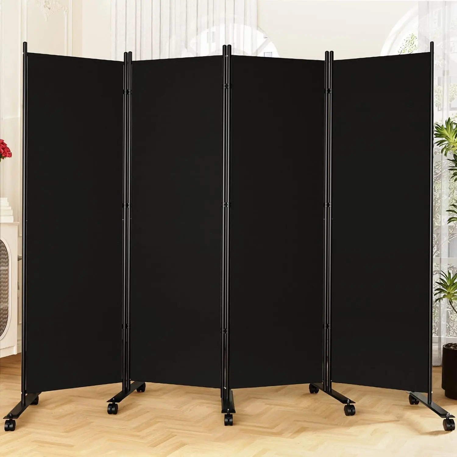 6FT Folding Privacy Screen with Lockable Wheels, 4-Panel Room Divider for Home Office, Black
6FT Folding Privacy Screen with Lockable Wheels, 4-Panel Room Divider for Home Office, Black