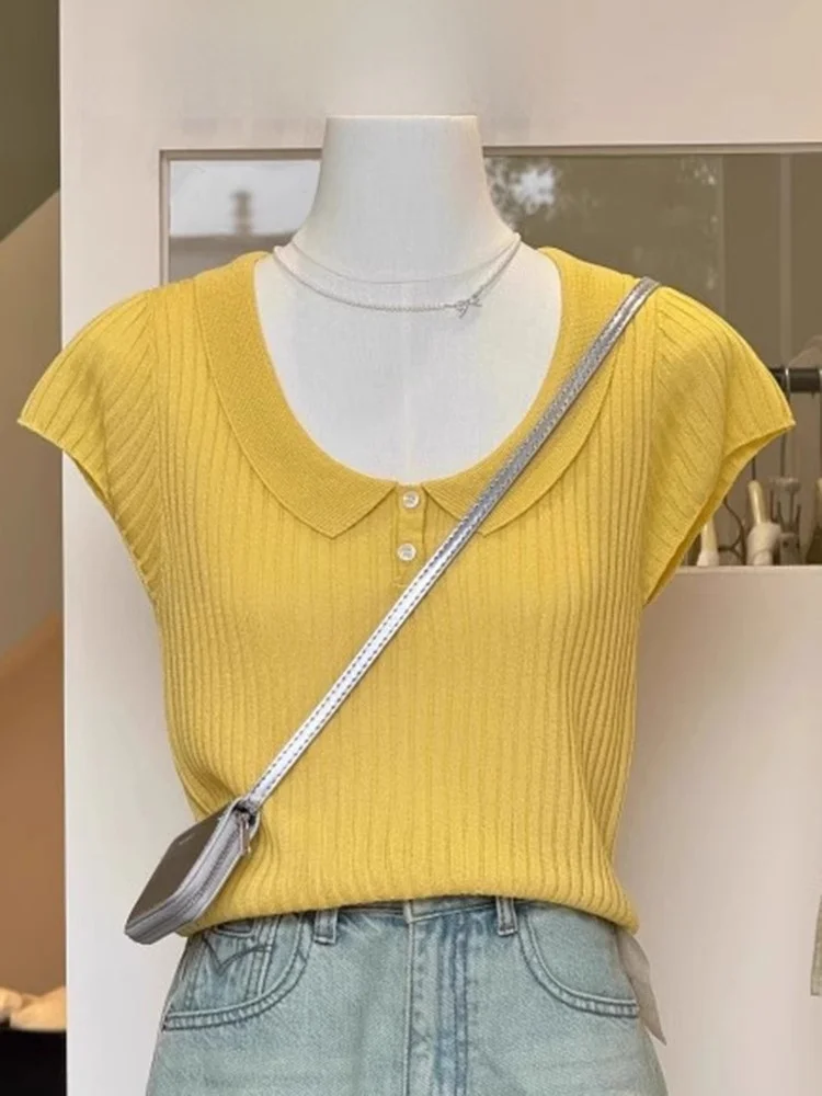 Fashionable Yellow Doll Collar Ice Silk Knitted Top Women's Casual Summer Short Sleeve T-Shirt Korean Style Commute Wind
Fashionable Yellow Doll Collar Ice Silk Knitted Top Women's Casual Summer Short Sleeve T-Shirt Korean Style Commute Wind