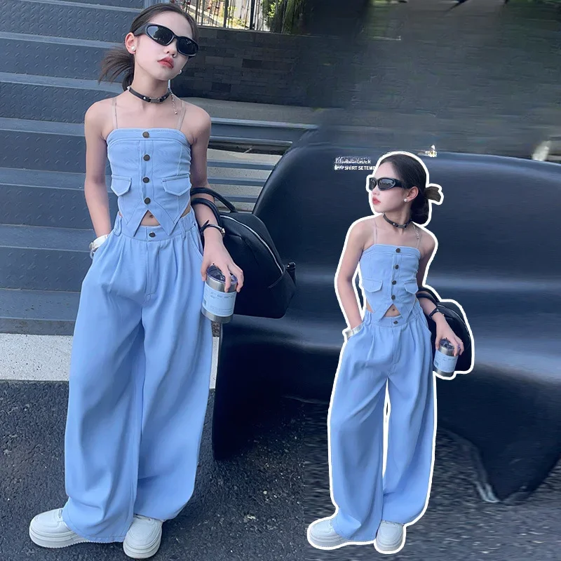 Girls Suits Summer Set 2024 New Design Denim Spice Girl Halter Top High Wide Leg Pants Two-piece Set European Fashion Style
Girls Suits Summer Set 2024 New Design Denim Spice Girl Halter Top High Wide Leg Pants Two-piece Set European Fashion Style