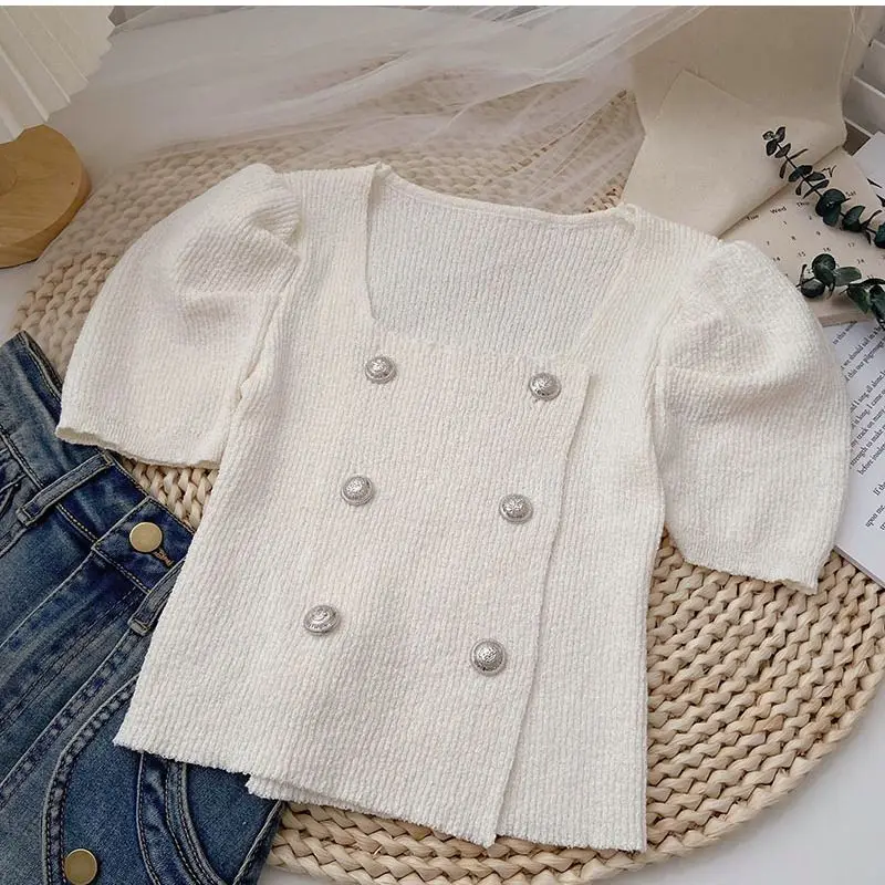 Women Knitwear Loose Square Collar Elegant Solid Tops Summer Chic Button Elastic Short Sleeve T-Shirt
Women Knitwear Loose Square Collar Elegant Solid Tops Summer Chic Button Elastic Short Sleeve T-Shirt
