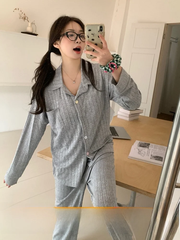Grey Striped Pure Cotton Sleepwear Women's Long Sleeve Home Clothes Set Spring Autumn New Style Casual Loose Student Suit
Grey Striped Pure Cotton Sleepwear Women's Long Sleeve Home Clothes Set Spring Autumn New Style Casual Loose Student Suit
