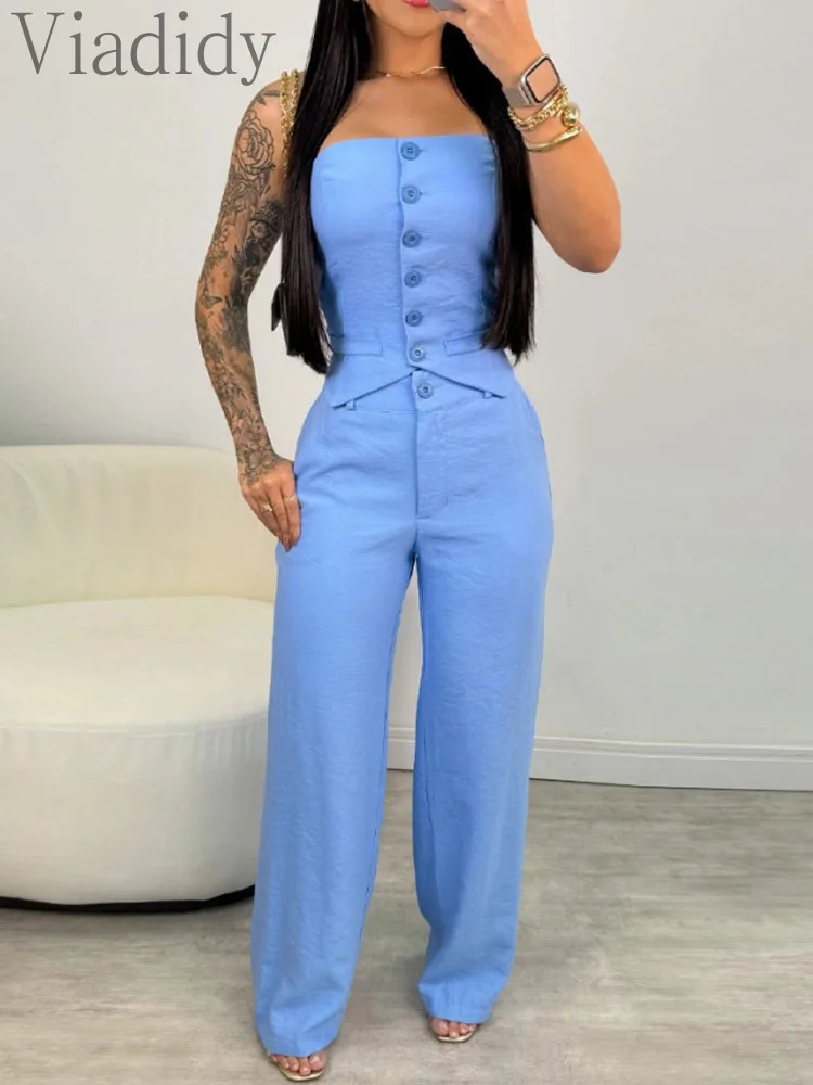 Women's Solid Color 2 Pieces Outfit Bandeau Button Decor Vest Top and Casual Wide Leg Pants Set
Women's Solid Color 2 Pieces Outfit Bandeau Button Decor Vest Top and Casual Wide Leg Pants Set