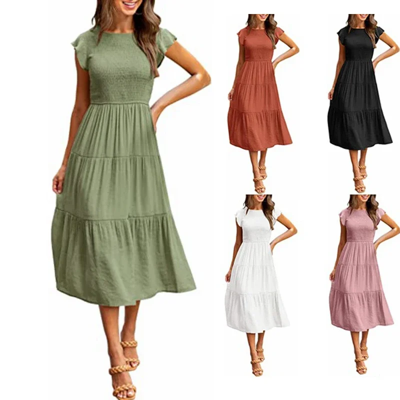 Summer Dress For Women Flying Short Sleeve Casual Dresses Large Swing Skirt Solid Color Pleated Dress
Summer Dress For Women Flying Short Sleeve Casual Dresses Large Swing Skirt Solid Color Pleated Dress
