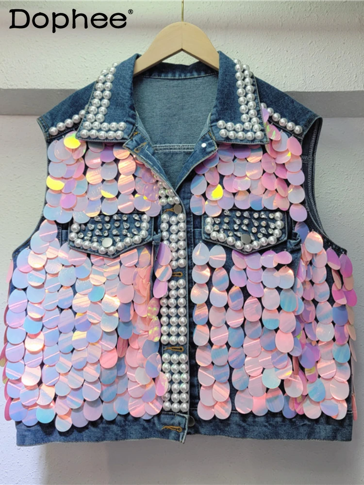 Heavy Industry Beads Sequined Vest Female 2024 Spring Summer New Polo Collar Sleeveless Single Breasted Denim Jacket Women
Heavy Industry Beads Sequined Vest Female 2024 Spring Summer New Polo Collar Sleeveless Single Breasted Denim Jacket Women