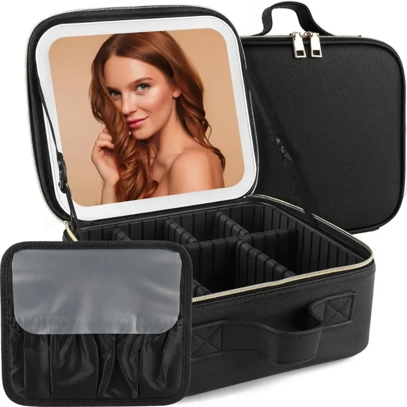 New Makeup Bag with Mirror and Adjustable LED Light, Three Color Portable Storage with Mirror, Makeup Brush, Jewelry Box, Black
New Makeup Bag with Mirror and Adjustable LED Light, Three Color Portable Storage with Mirror, Makeup Brush, Jewelry Box, Black