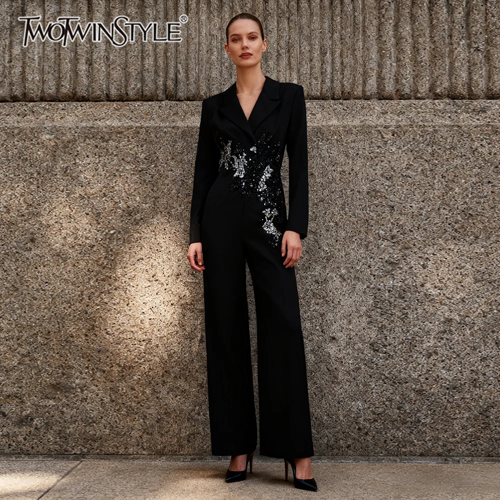 TWOTWINSTYLE Solid Slimming Spliced Beading Elegant Jumpsuits for Women Lapel Long Sleeves High Waist Jumpsuit Female Clothing
TWOTWINSTYLE Solid Slimming Spliced Beading Elegant Jumpsuits for Women Lapel Long Sleeves High Waist Jumpsuit Female Clothing