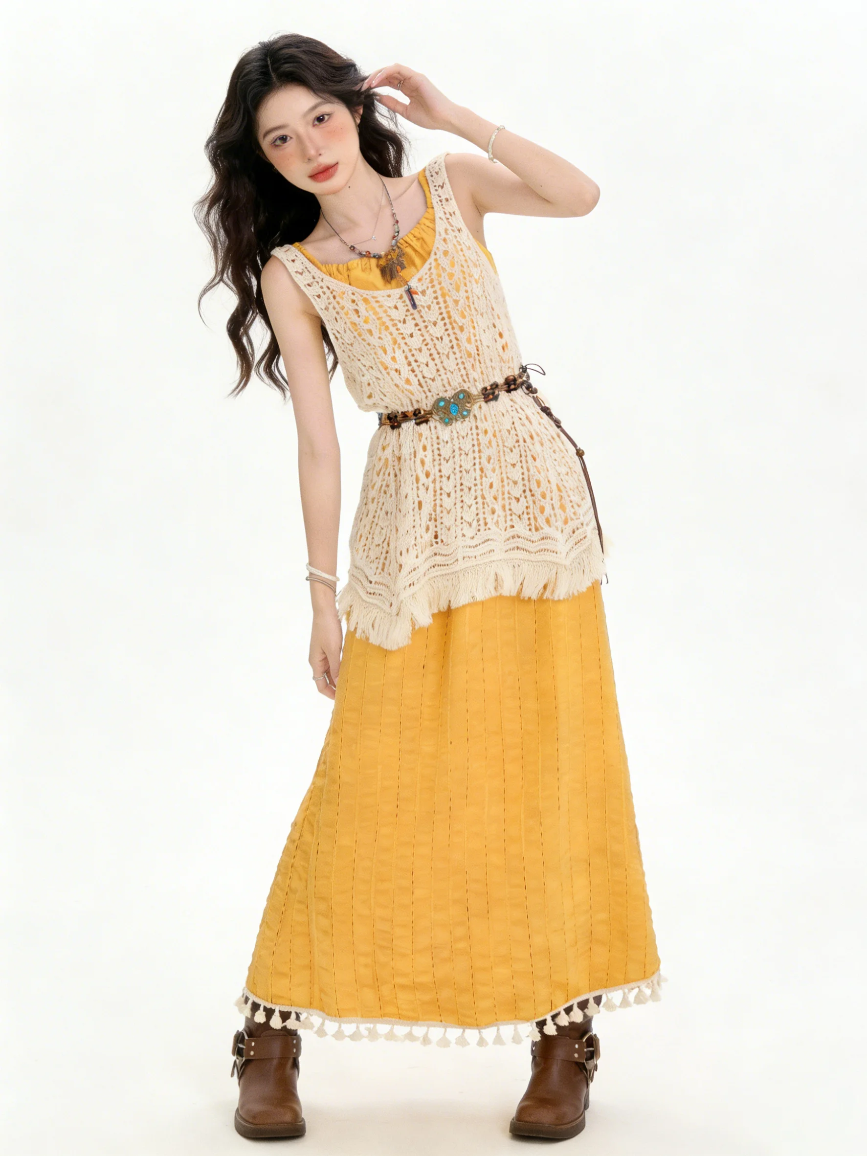 Bohemian Style Women's Summer Beach Vacation Hollow out Tassel Cover up Halter Dress Two Piece Set Sleeveless High Waist
Bohemian Style Women's Summer Beach Vacation Hollow out Tassel Cover up Halter Dress Two Piece Set Sleeveless High Waist
