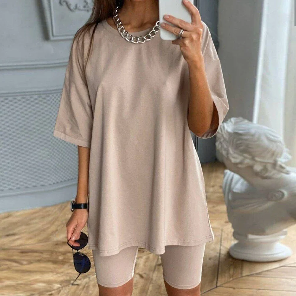 Sports suit Women Set O Neck Loose Short Sleeve Top Shirt And Biker Shorts Casual Two Piece Sets White Outfit Khaki Suit
Sports suit Women Set O Neck Loose Short Sleeve Top Shirt And Biker Shorts Casual Two Piece Sets White Outfit Khaki Suit