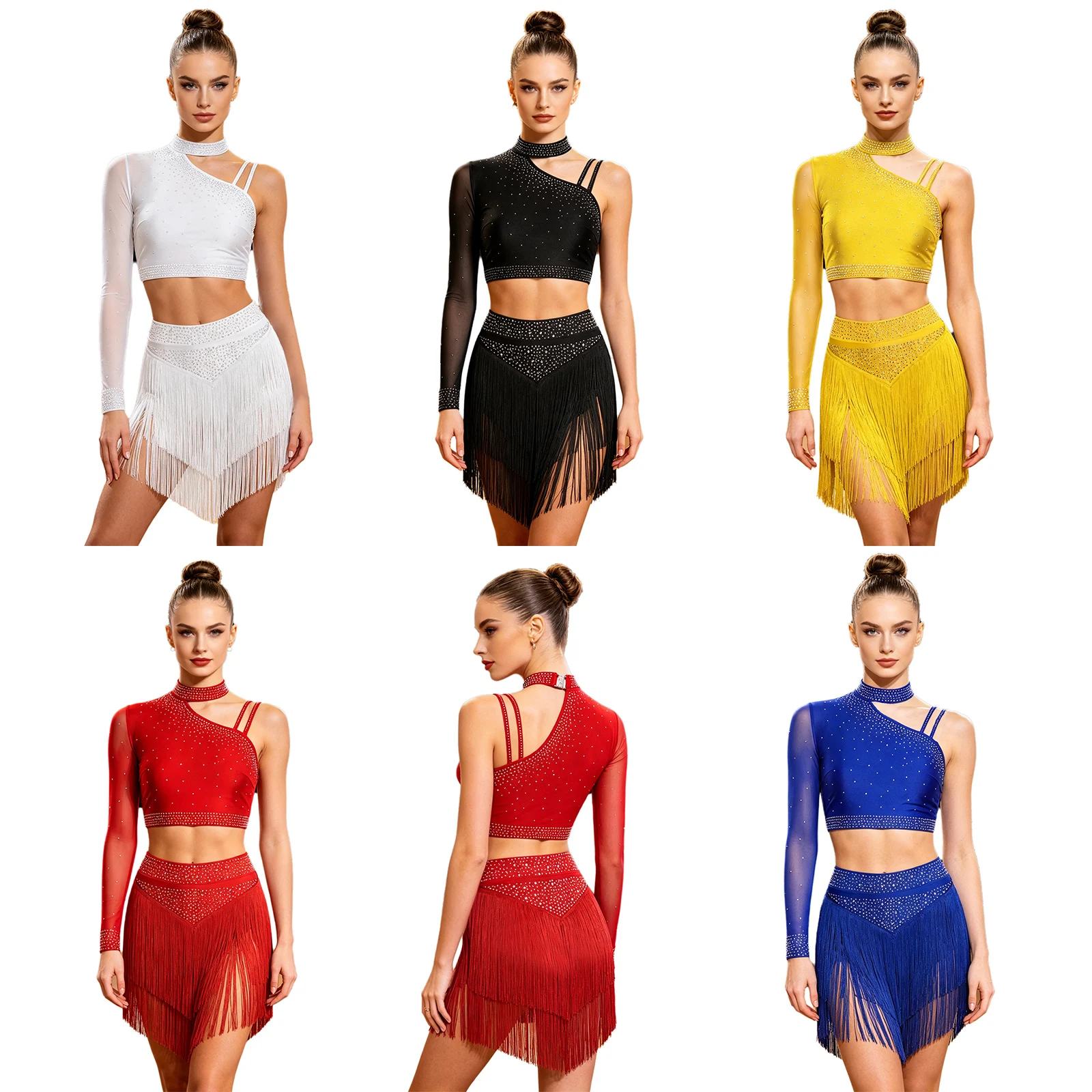 Women Latin Dance Cha-Cha Performance Outfit Shiny Rhinestone Crop Top with Tassels Skirt for Salsa Tango Samba Rumba Ballroom
Women Latin Dance Cha-Cha Performance Outfit Shiny Rhinestone Crop Top with Tassels Skirt for Salsa Tango Samba Rumba Ballroom