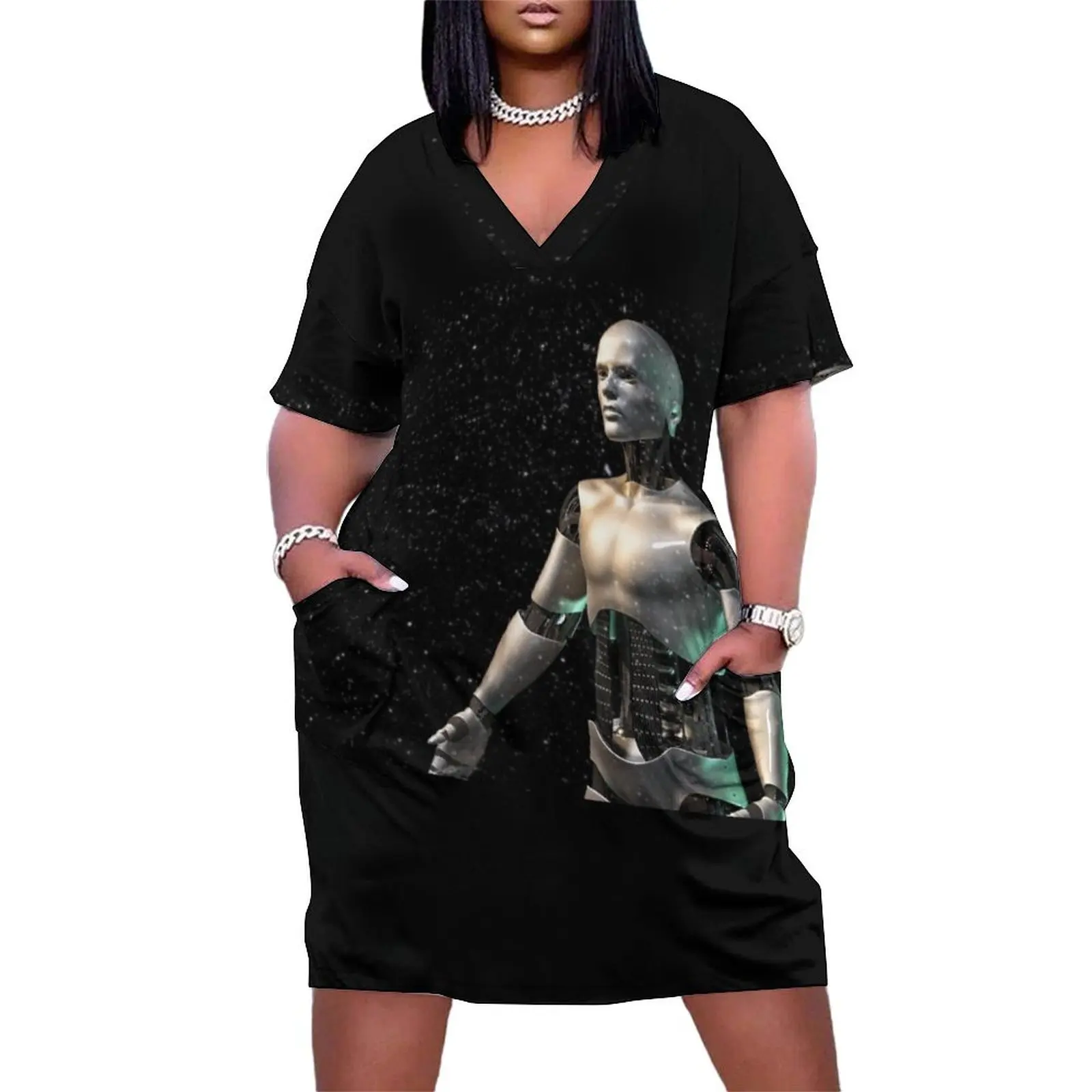 futuristic robot, shiny android man surrounded by glittery dust Loose Pocket Dress prom dresses clothes for women
futuristic robot, shiny android man surrounded by glittery dust Loose Pocket Dress prom dresses clothes for women