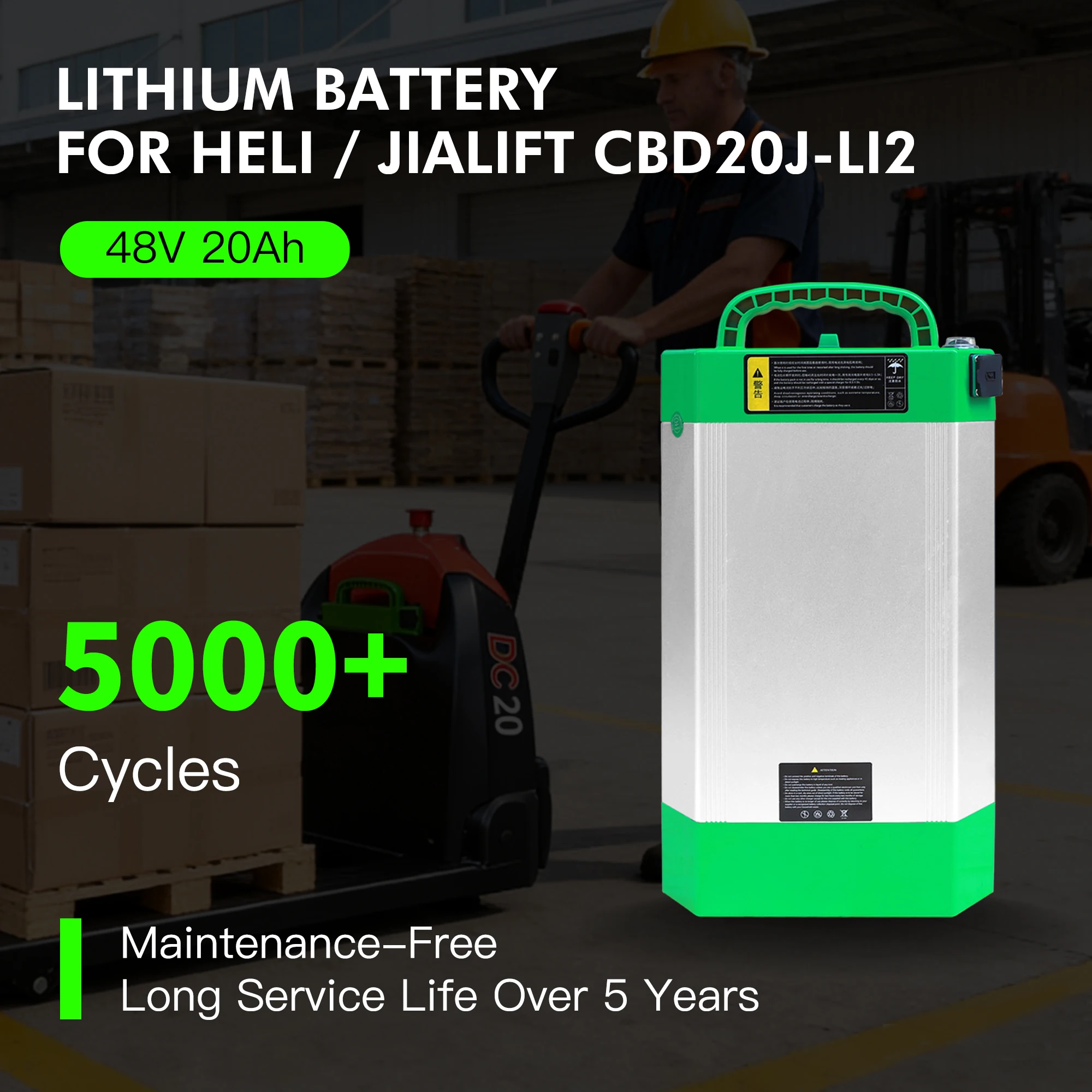 Electric Pallet Jack Battery, 48V 20AH LiFePO4 Lithium Battery Pallet Truck Li-ion Batteries for Heli CBD20J-LI2, 5000+Cycles
Electric Pallet Jack Battery, 48V 20AH LiFePO4 Lithium Battery Pallet Truck Li-ion Batteries for Heli CBD20J-LI2, 5000+Cycles
