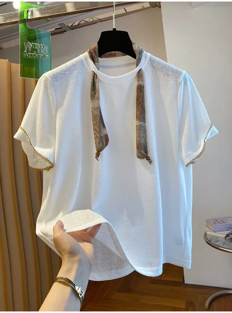 plus Size Summer T-Shirt Women's Loose Fit Decorative Scarf Short Sleeve Korean Style High Waist Daily Wear Breathable Skin-F...
plus Size Summer T-Shirt Women's Loose Fit Decorative Scarf Short Sleeve Korean Style High Waist Daily Wear Breathable Skin-F...