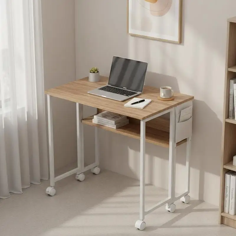 Folding Desk with Wheels, Shelf and Storage Pocket, Ideal for Small Spaces, 80x50x75 cm, White and Natural
Folding Desk with Wheels, Shelf and Storage Pocket, Ideal for Small Spaces, 80x50x75 cm, White and Natural