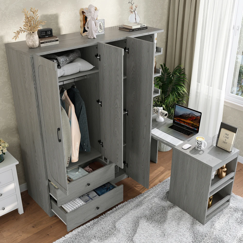 Multifunctional Gray Wardrobe: 2 Doors, Hanging Rod, Convertible Desk & Drawers for Home
Multifunctional Gray Wardrobe: 2 Doors, Hanging Rod, Convertible Desk & Drawers for Home
