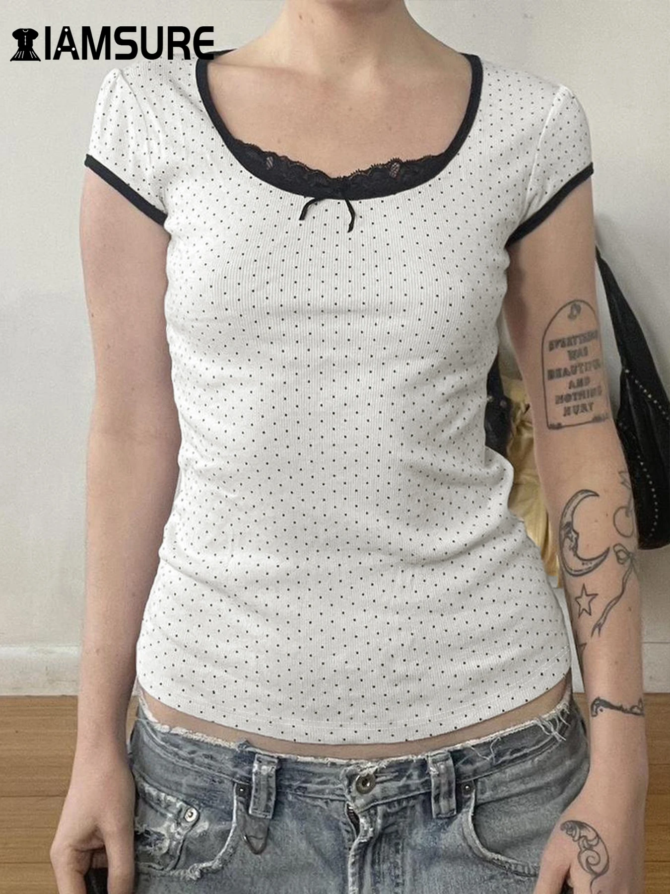 IAMSURE Casual Dot Print Lace Trim T Shirt Slim Patchwork O-Neck Short Sleeve Tees Women 2025 Summer Fashion Streetwear Ladies
IAMSURE Casual Dot Print Lace Trim T Shirt Slim Patchwork O-Neck Short Sleeve Tees Women 2025 Summer Fashion Streetwear Ladies