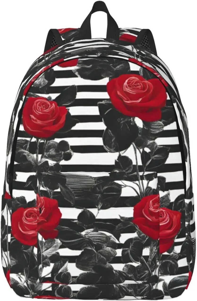 Black White Stripes Red Rose Flowers Print Stylish Canvas Backpack,Travel Backpack With Pockets,For Hiking And Daily Use
Black White Stripes Red Rose Flowers Print Stylish Canvas Backpack,Travel Backpack With Pockets,For Hiking And Daily Use
