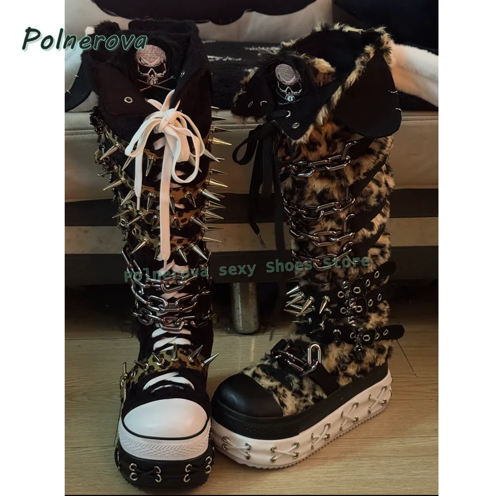 Leopard Faux Fur Punk Boots Round Toe Thick Sole Metal Chain Decoration Y2K Knee High Boots Subculture Style Sewing Shoes 2025
Leopard Faux Fur Punk Boots Round Toe Thick Sole Metal Chain Decoration Y2K Knee High Boots Subculture Style Sewing Shoes 2025