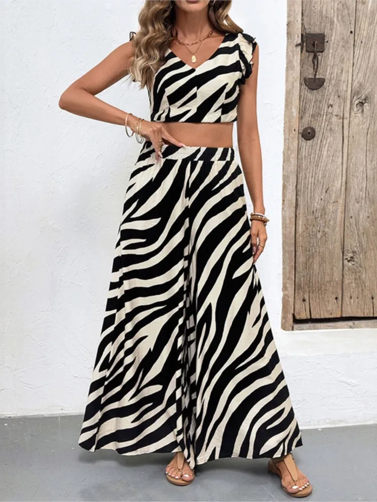 Personality Trend Style Sleeveless Top Wide-leg Trousers Two-piece Set Women's Fashion Zebra Stripe Printed Casual Trousers Set
Personality Trend Style Sleeveless Top Wide-leg Trousers Two-piece Set Women's Fashion Zebra Stripe Printed Casual Trousers Set