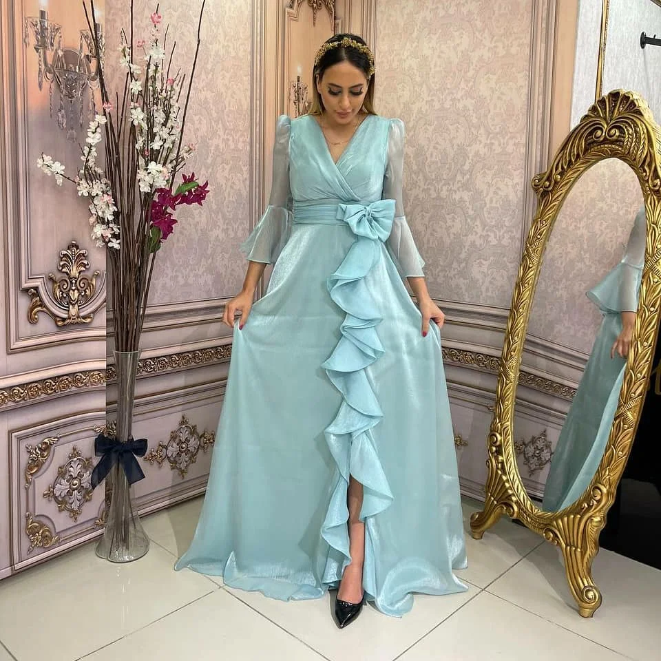 Elegant V-neck Long Evening Dresses Three Quarter Sleeves With Bow Ruffles Front Slit New Year Gowns Women's Wedding Guest Dress
Elegant V-neck Long Evening Dresses Three Quarter Sleeves With Bow Ruffles Front Slit New Year Gowns Women's Wedding Guest Dress