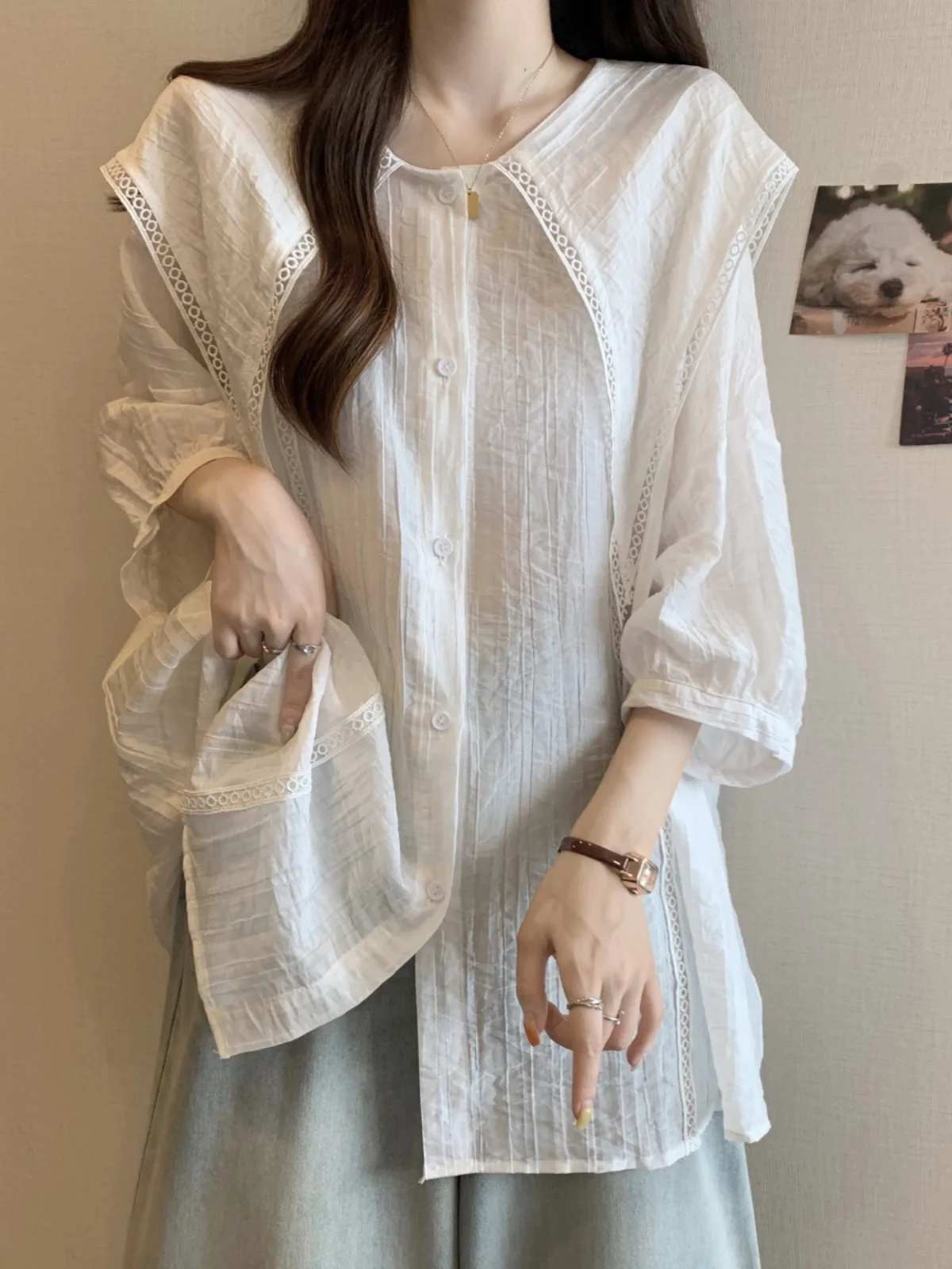 Slimming Mid-Length White Shirt with Puff Sleeves for Women Summer Fashionable Korean Style Loose Fit Button Detail Doll Shirt
Slimming Mid-Length White Shirt with Puff Sleeves for Women Summer Fashionable Korean Style Loose Fit Button Detail Doll Shirt