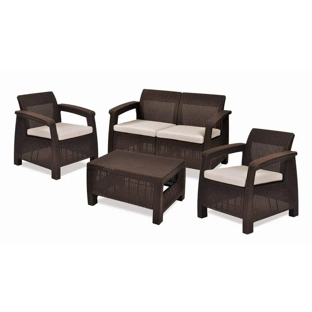 Corfu 4 pic Set All Weather Outdoor Patio Garden Furniture w Cushions, Brown.
Corfu 4 pic Set All Weather Outdoor Patio Garden Furniture w Cushions, Brown.