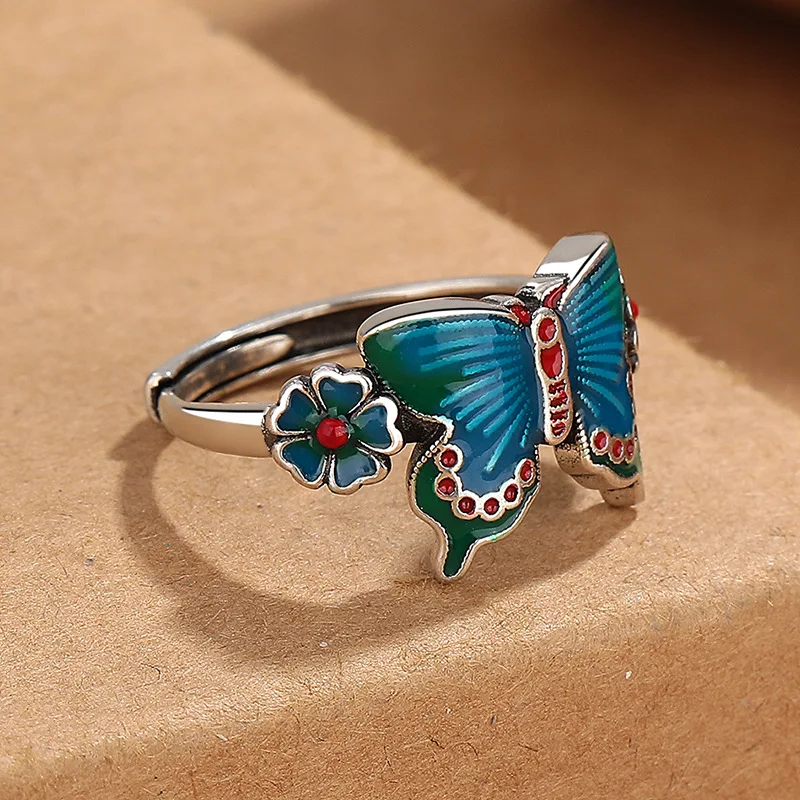 Retro Blue Ethnic Style Personalized Enamel Flower Butterfly Ring, Thai Silver Dropping Glue Craftsmanship Open Ring 
Retro Blue Ethnic Style Personalized Enamel Flower Butterfly Ring, Thai Silver Dropping Glue Craftsmanship Open Ring