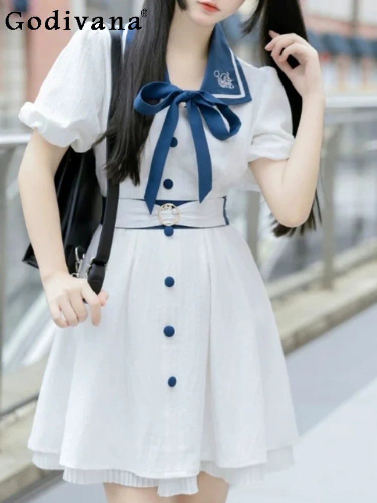 Spring Summer Sweet Navy Collar Chiffon Puff Sleeve College Dress Women Elegant Fashion High Waist A-line Age Reduction Dresses
Spring Summer Sweet Navy Collar Chiffon Puff Sleeve College Dress Women Elegant Fashion High Waist A-line Age Reduction Dresses