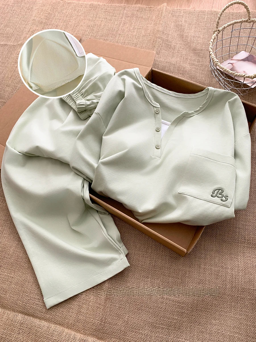 Elegant round Neck Cotton Pajamas Women's Spring Autumn Comfortable Breathable Home Clothes with Chest Pad Suitable for Outdoor
Elegant round Neck Cotton Pajamas Women's Spring Autumn Comfortable Breathable Home Clothes with Chest Pad Suitable for Outdoor