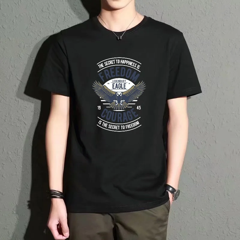 Men's Black Round-Neck Short-Sleeved T-Shirt with Eagle Pattern and Letter Print, Retro Casual Street Style, Versatile, Comfortable and Breathable for Everyday Wear
Men's Black Round-Neck Short-Sleeved T-Shirt with Eagle Pattern and Letter Print, Retro Casual Street Style, Versatile, Comfortable and Breathable for Everyday Wear