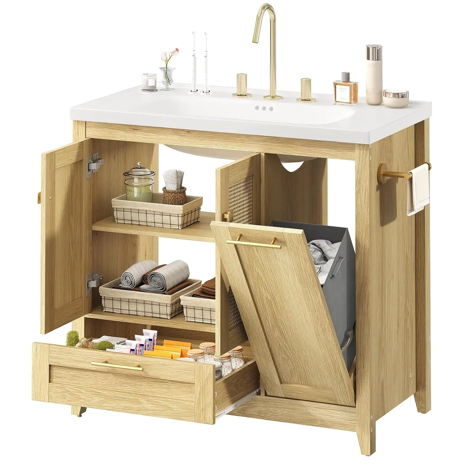 #36" Freestanding Bathroom Vanity with Ceramic Sink Storage Drawer Tilt-Out Laundry Basket Natural Wood, Customized
#36" Freestanding Bathroom Vanity with Ceramic Sink Storage Drawer Tilt-Out Laundry Basket Natural Wood, Customized