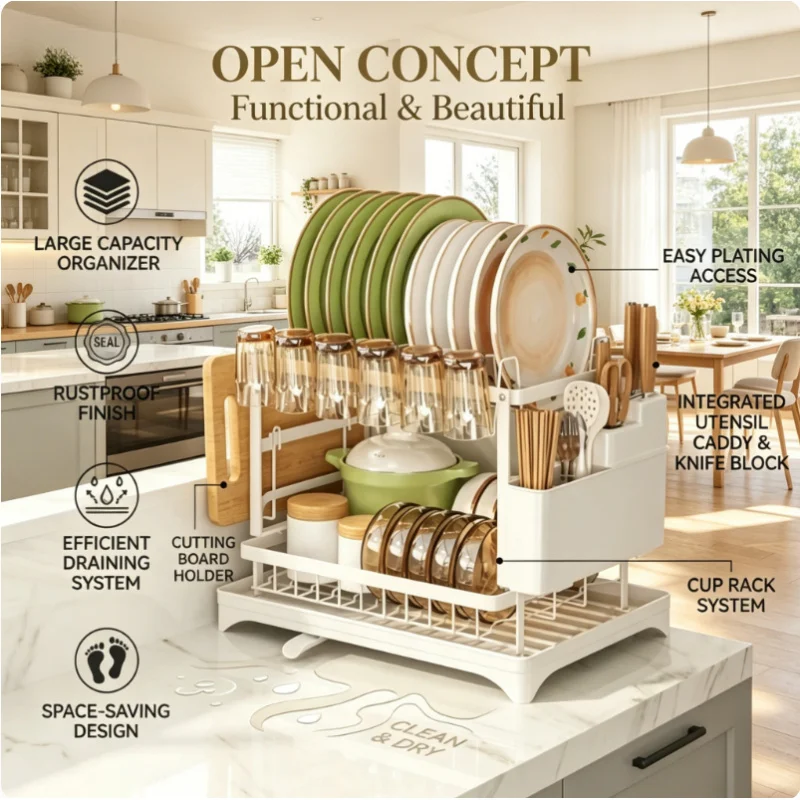 Sturdy Double Layer Kitchen Storage Rack Drain Design Tableware Drying Rack Household Bowl Dish Organizer Shelf