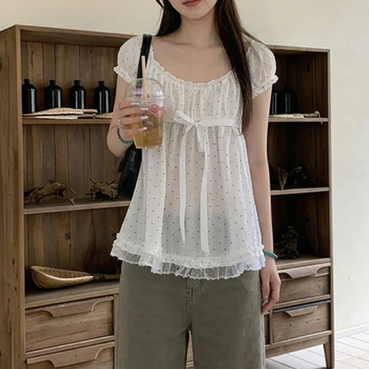 Korean Polka Dot Lace Trim Short Sleeve Women's Blouse Bubble Sleeve Tie Dye Top with Scarf Spring Summer Cotton Blend
Korean Polka Dot Lace Trim Short Sleeve Women's Blouse Bubble Sleeve Tie Dye Top with Scarf Spring Summer Cotton Blend