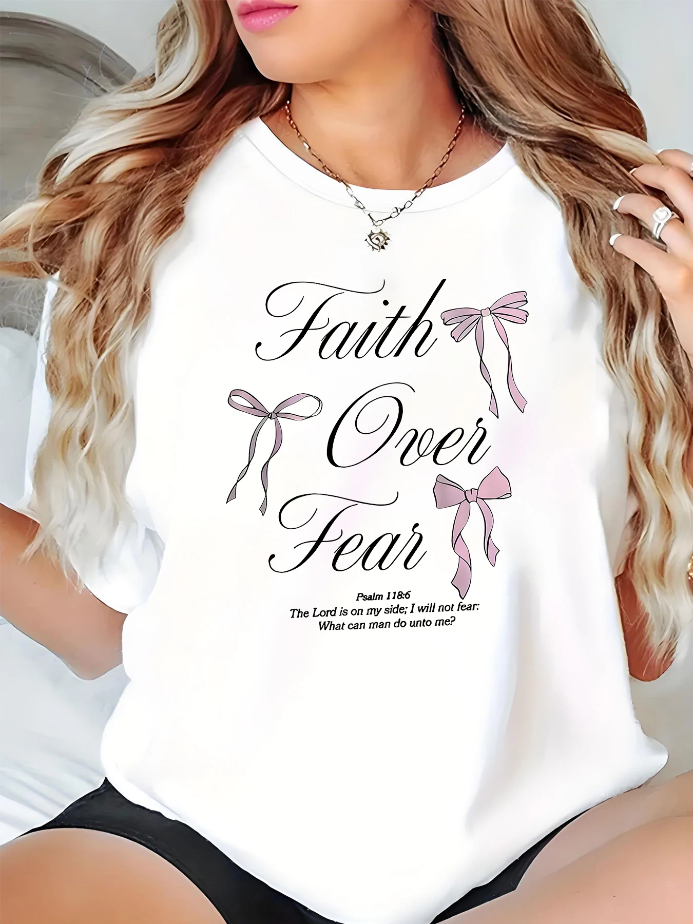 Easter Faith over Fear Print Loose Fit Casual White T-Shirt with Bow Detail for Women, Daily Wear
Easter Faith over Fear Print Loose Fit Casual White T-Shirt with Bow Detail for Women, Daily Wear