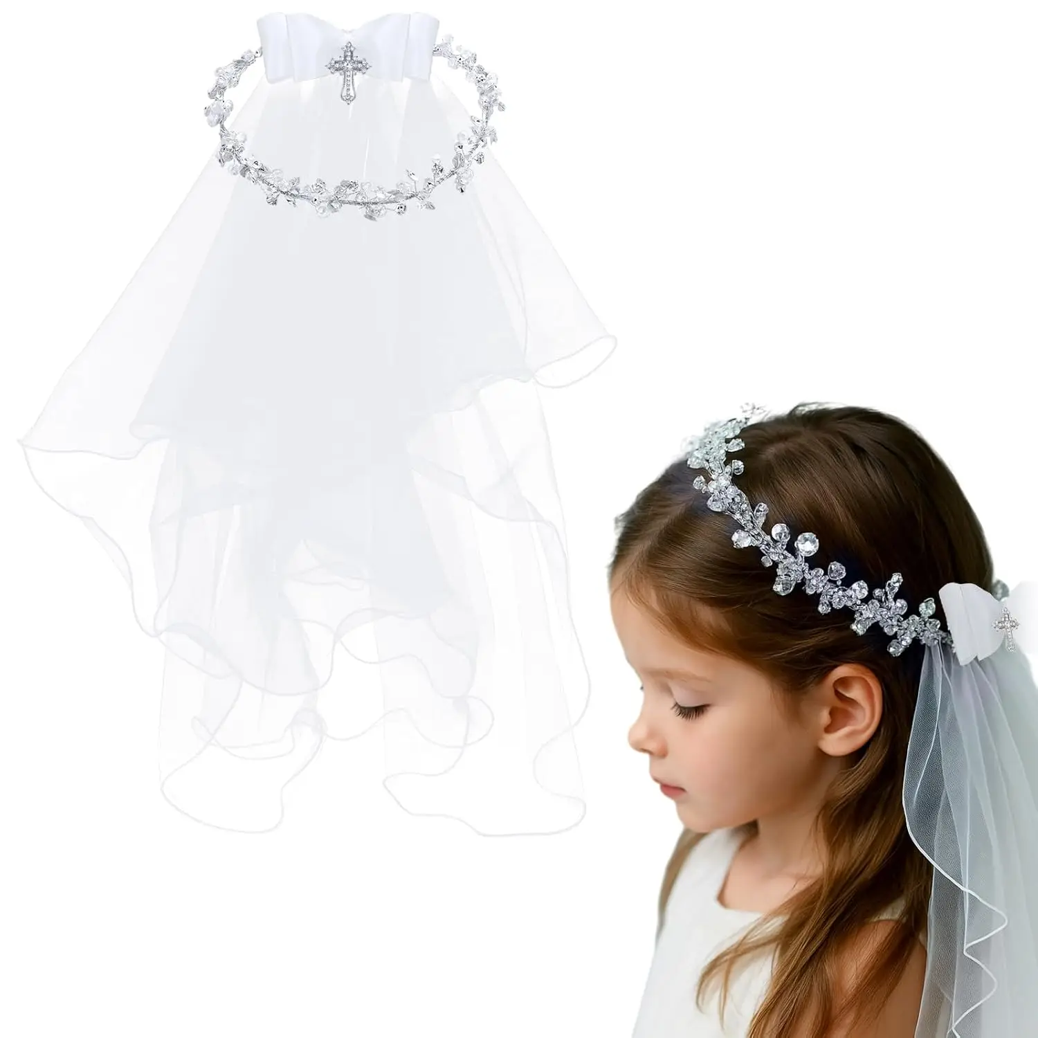 Girl First Communion Veil Flower Crown with Bow Cross White Lace Headband Rhinestone for Baptism Elegant Crystal
Girl First Communion Veil Flower Crown with Bow Cross White Lace Headband Rhinestone for Baptism Elegant Crystal