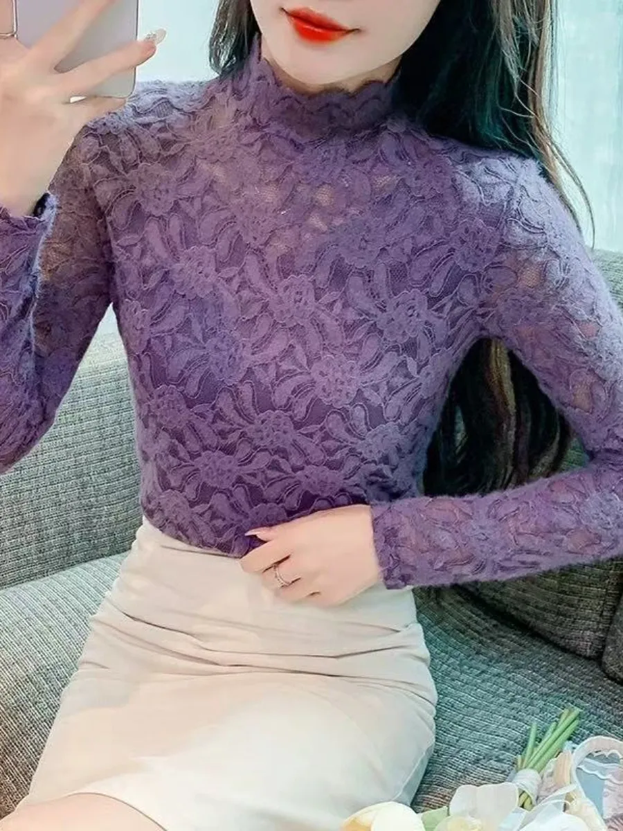 Lace Base Shirt Women's Autumn Winter New Style Half High Collar Fashionable Mesh Top Non-Fleece Purple Inner Wear Short Sleeve
Lace Base Shirt Women's Autumn Winter New Style Half High Collar Fashionable Mesh Top Non-Fleece Purple Inner Wear Short Sleeve