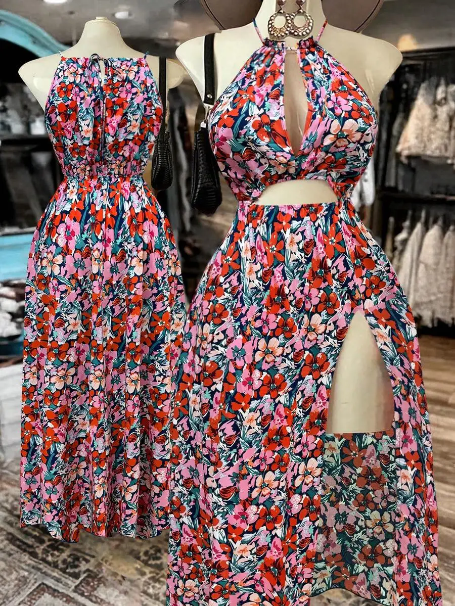Women Halter Neck Open Back Floral Print Long Dress With Slit Bohemian Beach Holiday Style
Women Halter Neck Open Back Floral Print Long Dress With Slit Bohemian Beach Holiday Style