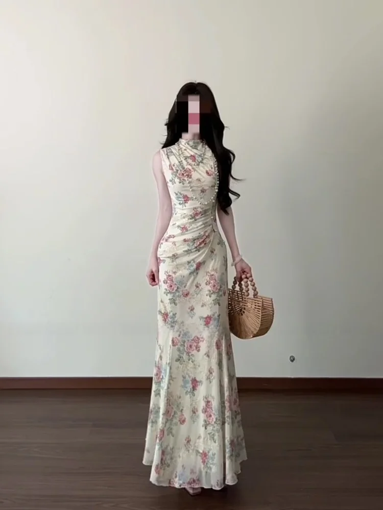 Chic Vintage Chinese Floral Dress Women's Summer Waist-Cinching Fish-tail Skirt Elegant Vacation Style Long Dress
Chic Vintage Chinese Floral Dress Women's Summer Waist-Cinching Fish-tail Skirt Elegant Vacation Style Long Dress