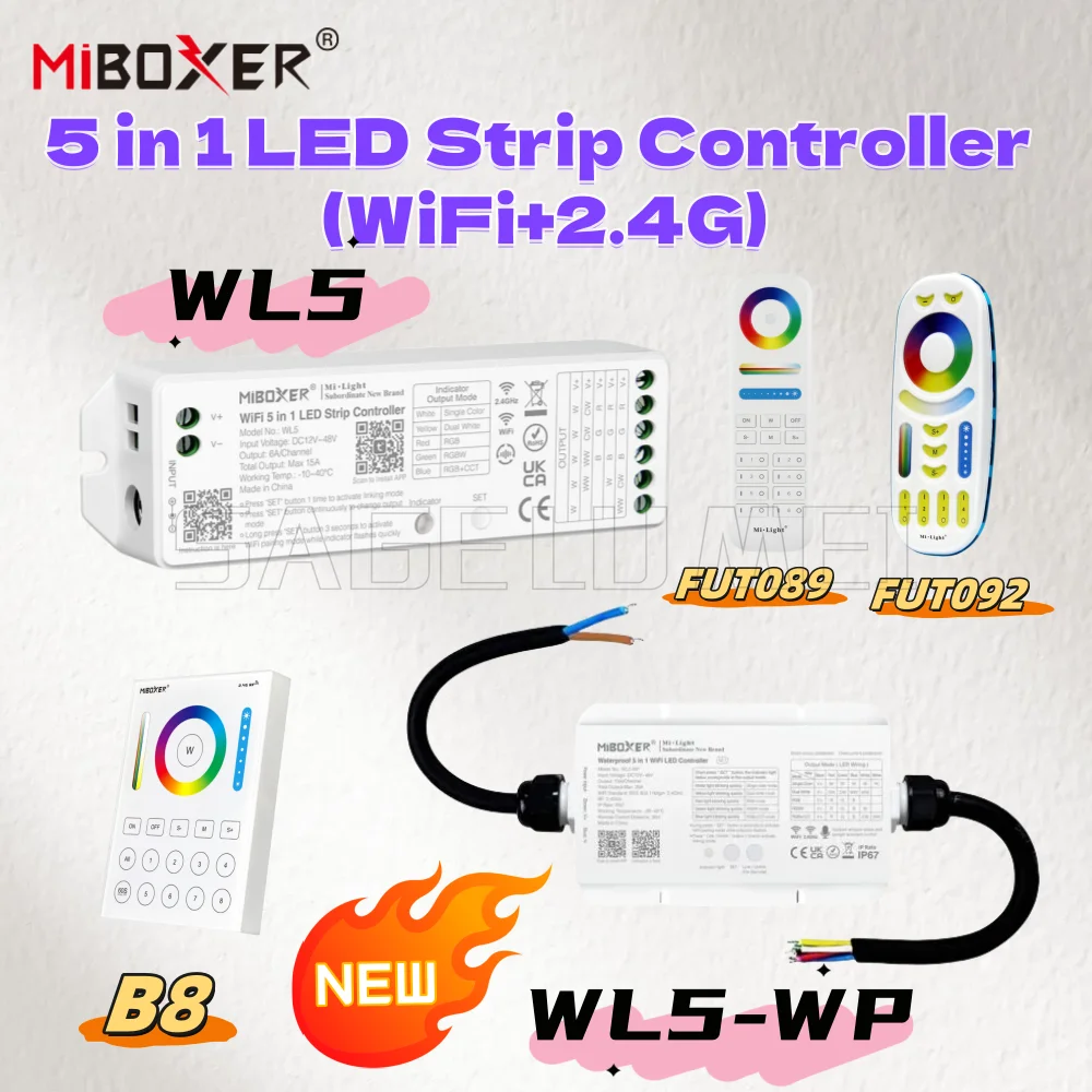 New 5-in-1 Smart LED Controller Miboxer Upgraded Waterproof IP67 WL5-WP/Non-waterproof WL5 WiFi+2.4G DC12~48V B8 for LED Strips
New 5-in-1 Smart LED Controller Miboxer Upgraded Waterproof IP67 WL5-WP/Non-waterproof WL5 WiFi+2.4G DC12~48V B8 for LED Strips