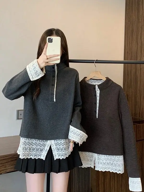 Korean Style Loose Lace Splice Stand Collar Brushed Women's Top Autumn Winter Slimming Soft Fashionable Overhead Shirt
Korean Style Loose Lace Splice Stand Collar Brushed Women's Top Autumn Winter Slimming Soft Fashionable Overhead Shirt