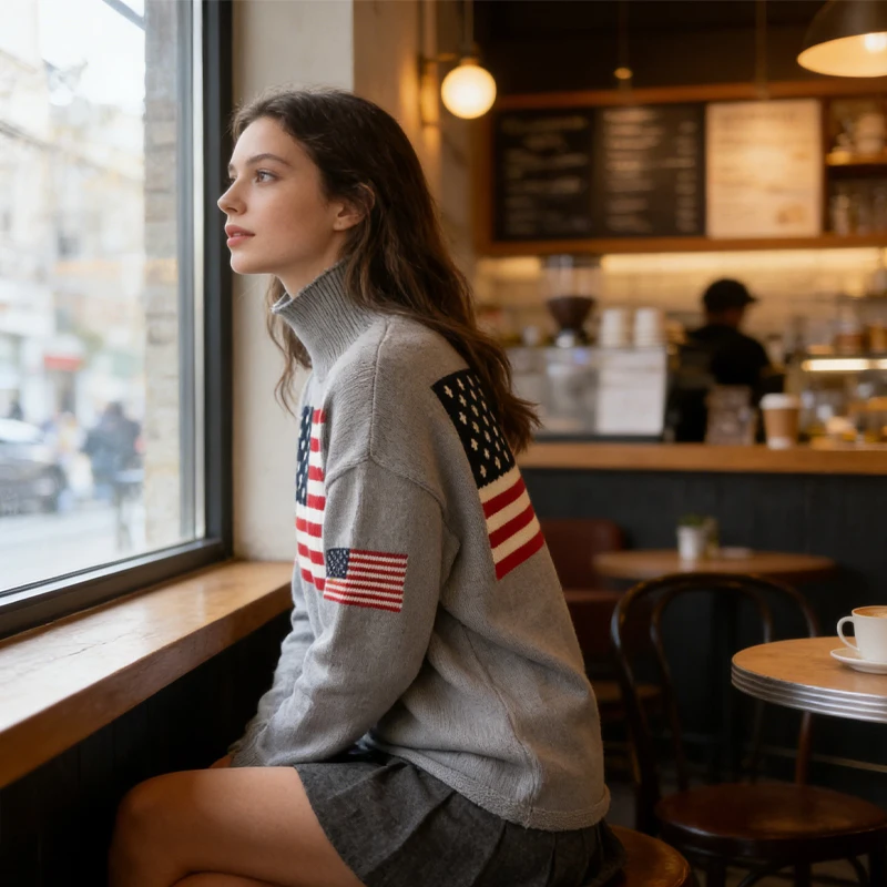 Women's American Flag Print High Neck Knit Sweater Casual Loose Pullover for Coffee Shop Streetwear Fall Winter Fashion Soft
Women's American Flag Print High Neck Knit Sweater Casual Loose Pullover for Coffee Shop Streetwear Fall Winter Fashion Soft