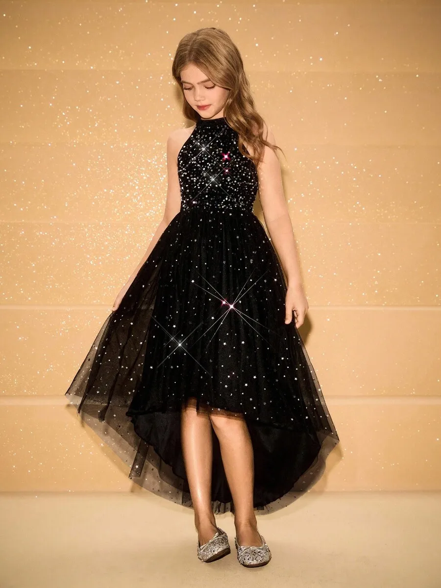 Elegant Black Sequin High Neck Sleeveless Tulle Hi-Lo Evening Dress For Formal Party
Elegant Black Sequin High Neck Sleeveless Tulle Hi-Lo Evening Dress For Formal Party