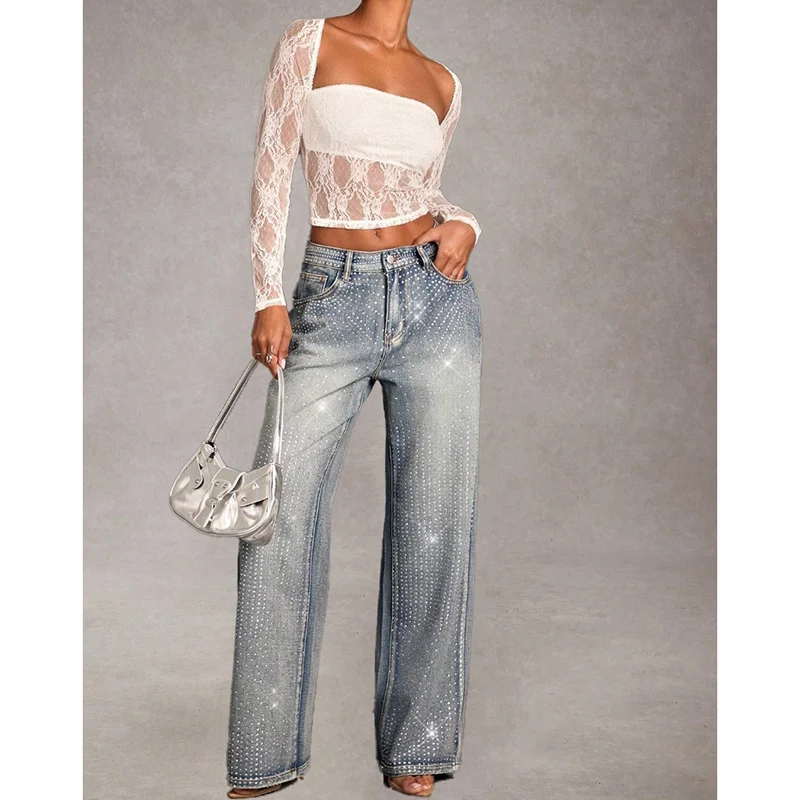Lady Designer Shinny Rhinestone High Waist Jeans Female Thin Straight Leg Denim Pants Girls Korean Fashion Loose Trousers
Lady Designer Shinny Rhinestone High Waist Jeans Female Thin Straight Leg Denim Pants Girls Korean Fashion Loose Trousers