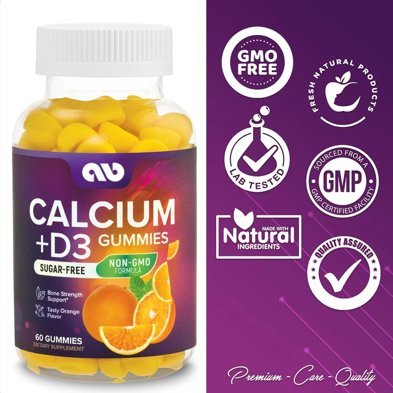 Sugar free calcium gummies Bites Plus 400 IU Vitamin D3, supports bone strength - non GMO, orange flavored chewable -60 gummies
Sugar free calcium gummies Bites Plus 400 IU Vitamin D3, supports bone strength - non GMO, orange flavored chewable -60 gummies