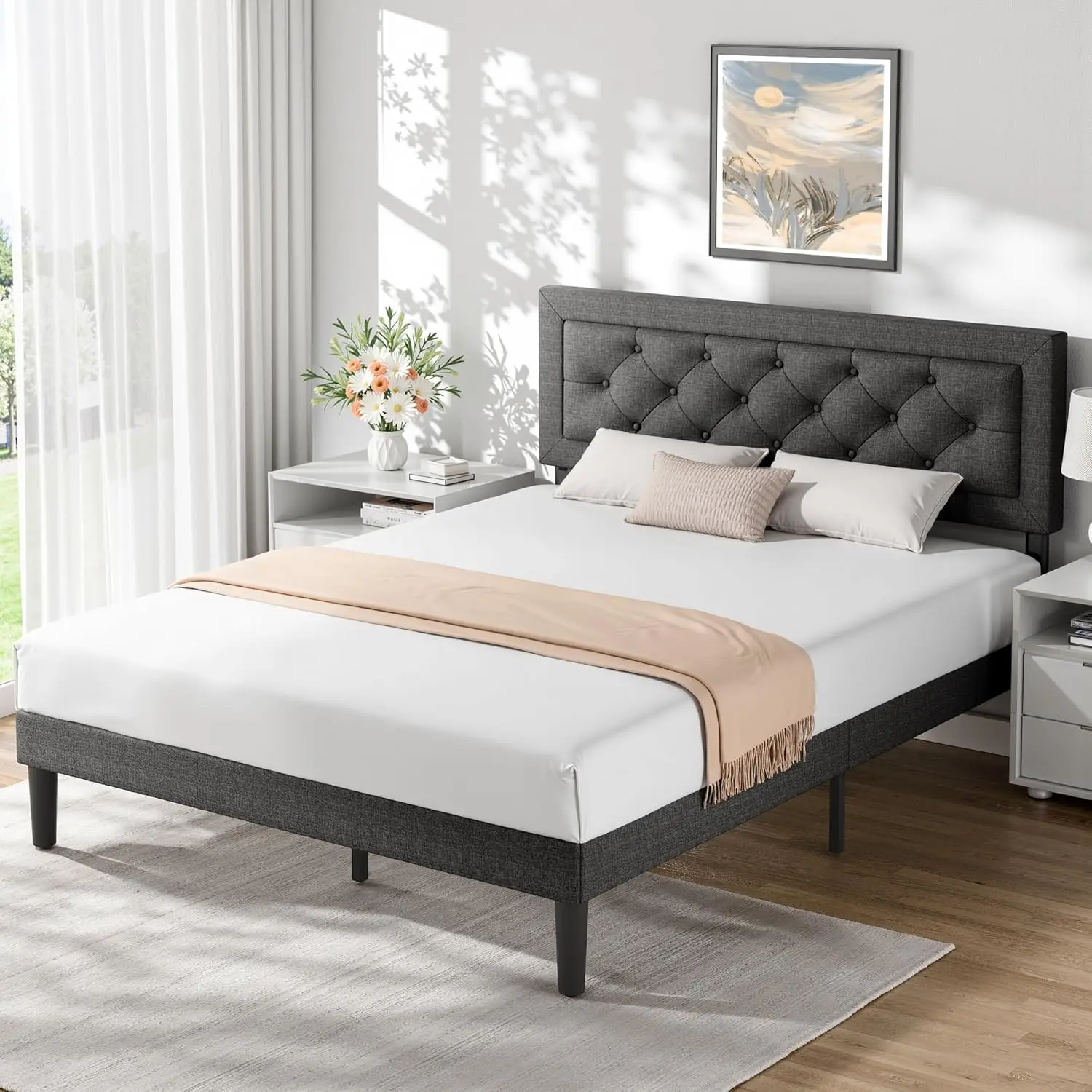 Queen Bed Frame with Headboard, Upholstered Bed Frame with Button Tufted, Platform Bed with Wood Slat Support,Noise Free
Queen Bed Frame with Headboard, Upholstered Bed Frame with Button Tufted, Platform Bed with Wood Slat Support,Noise Free