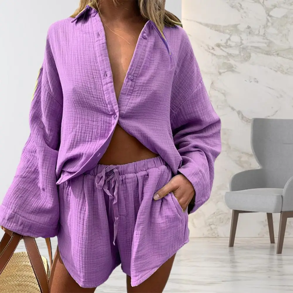 2 Pcs/Set Women Blouse Pants Set Solid Color Turn-down Soft Fabric Elastic Waist Deep Crotch Fall Shirt Shorts Suit Female
2 Pcs/Set Women Blouse Pants Set Solid Color Turn-down Soft Fabric Elastic Waist Deep Crotch Fall Shirt Shorts Suit Female