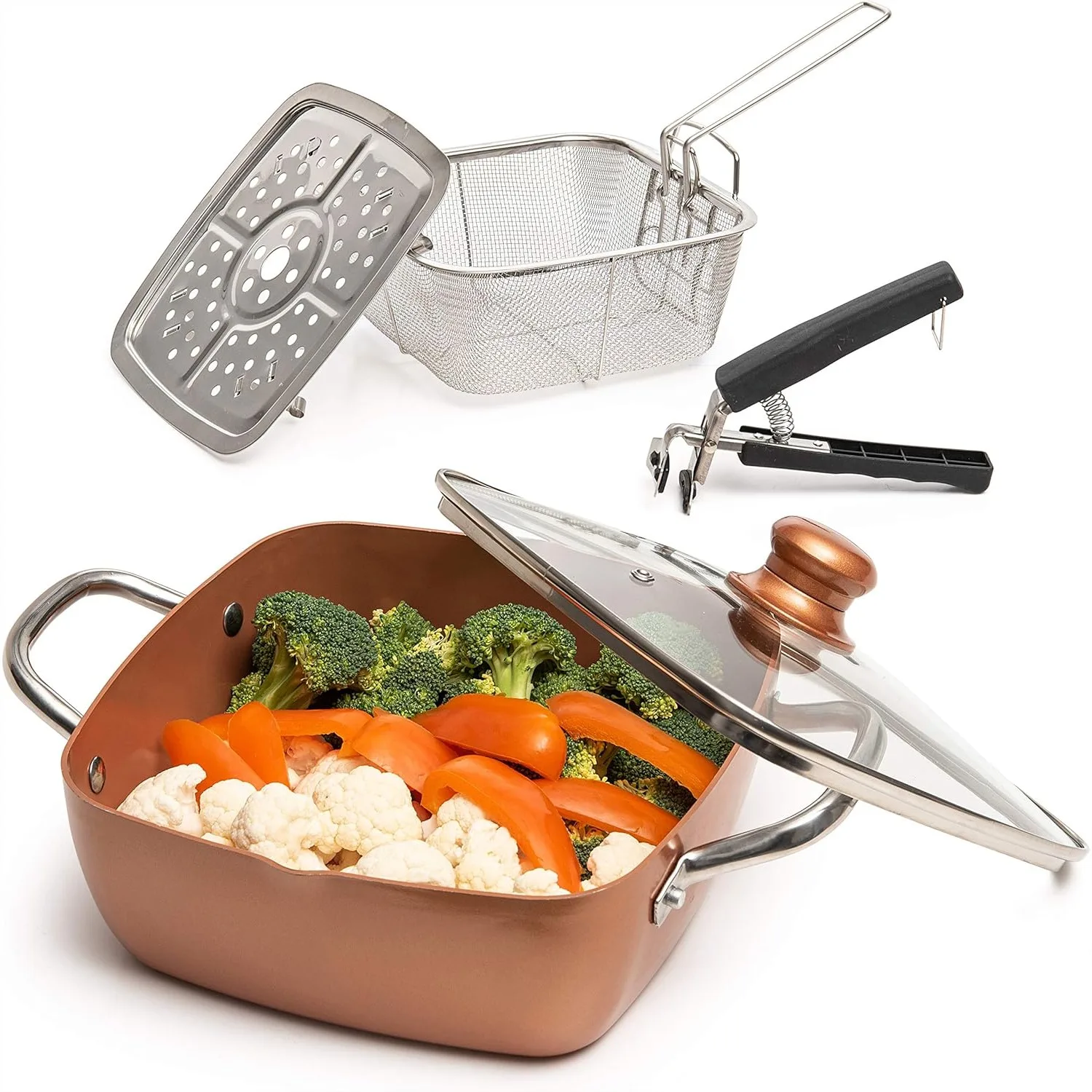 5-Piece Nonstick Deep Frying Pan Set with Fry Basket and Steamer Rack, 5 Qt Square Pan for All Stovetops
5-Piece Nonstick Deep Frying Pan Set with Fry Basket and Steamer Rack, 5 Qt Square Pan for All Stovetops