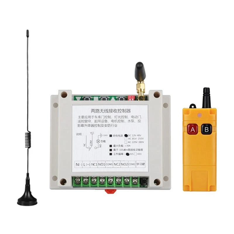 AC220V-380V Wide Voltage 2 Channels 433Mhz Wireless Remote Control Switch For Factory Motor Control Traffic Gate
AC220V-380V Wide Voltage 2 Channels 433Mhz Wireless Remote Control Switch For Factory Motor Control Traffic Gate