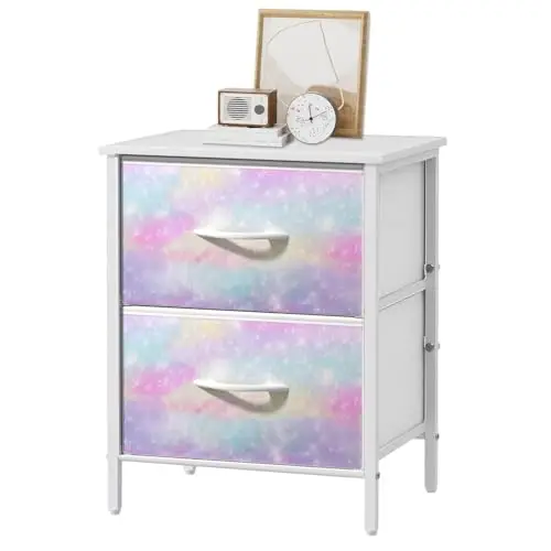 White Metal Frame 2-Drawer Side Table With Pastel Galaxy Print Fabric Fronts For Bedroom Or Office
White Metal Frame 2-Drawer Side Table With Pastel Galaxy Print Fabric Fronts For Bedroom Or Office