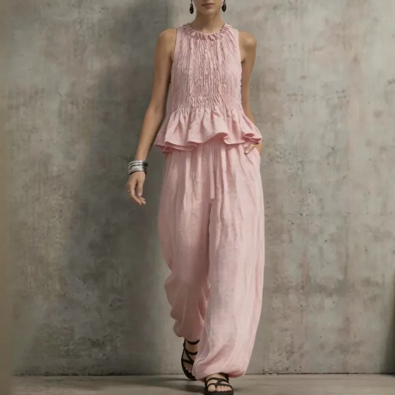 Simple Ruffle Hem Sleeveless Top & High Waist Wide Leg Pants Casual Outfit Women Vintage O Neck French style vacation sportswear
Simple Ruffle Hem Sleeveless Top & High Waist Wide Leg Pants Casual Outfit Women Vintage O Neck French style vacation sportswear