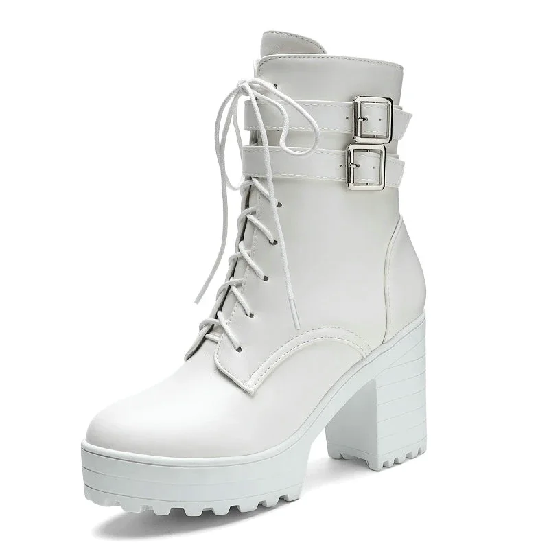 Pure White Lace-up Women Ankle Motorcycle Boots Cross-tied Chunky High Heels Platform Boots for Ladies Bucklet Strap Punk Goth
Pure White Lace-up Women Ankle Motorcycle Boots Cross-tied Chunky High Heels Platform Boots for Ladies Bucklet Strap Punk Goth